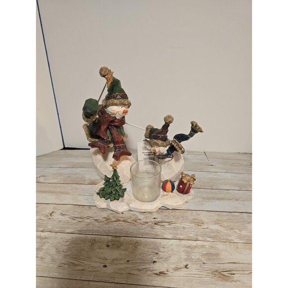 Vintage NOS Snowman Votive Candle Holder Wooden Carved‎ Heavy Sturdy - Picture 1 of 10